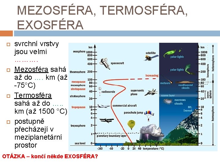 MEZOSFÉRA, TERMOSFÉRA, EXOSFÉRA svrchní vrstvy jsou velmi ………. Mezosféra sahá až do …. km