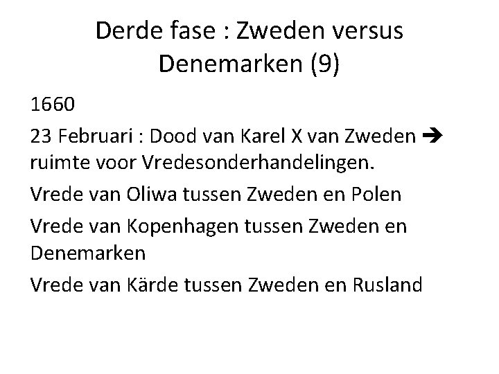 Derde fase : Zweden versus Denemarken (9) 1660 23 Februari : Dood van Karel Derde fase : Zweden versus Denemarken (9) 1660 23 Februari : Dood van Karel