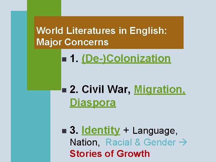 World Literatures in English: Major Concerns n 1. (De-)Colonization n 2. Civil War, Migration,