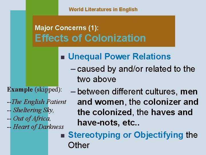 World Literatures in English Major Concerns (1): Effects of Colonization Unequal Power Relations –