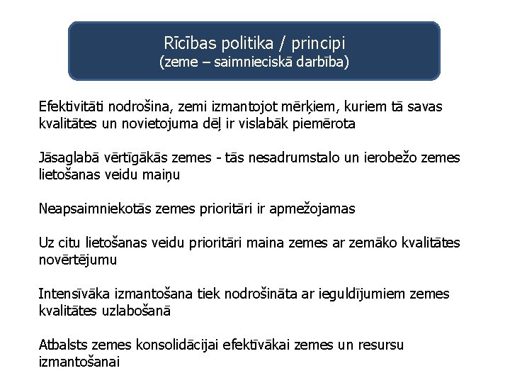 Rīcības politika / principi (zeme – saimnieciskā darbība) Efektivitāti nodrošina, zemi izmantojot mērķiem, kuriem