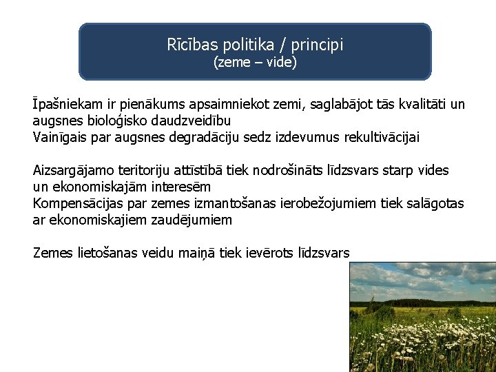 Rīcības politika / principi (zeme – vide) Īpašniekam ir pienākums apsaimniekot zemi, saglabājot tās