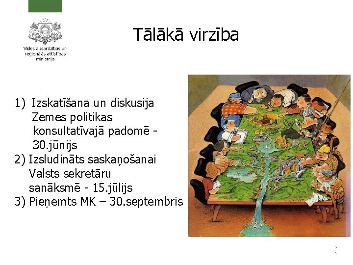 Tālākā virzība 1) Izskatīšana un diskusija Zemes politikas konsultatīvajā padomē 30. jūnijs 2) Izsludināts