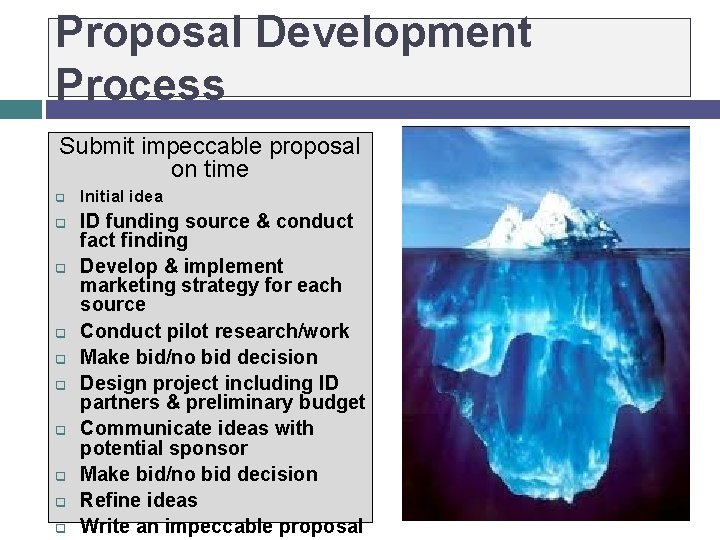 Proposal Development Process Submit impeccable proposal on time q q q q q Initial