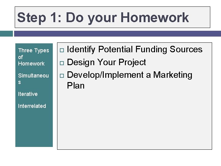 Step 1: Do your Homework Three Types of Homework Simultaneou s Iterative Interrelated Identify