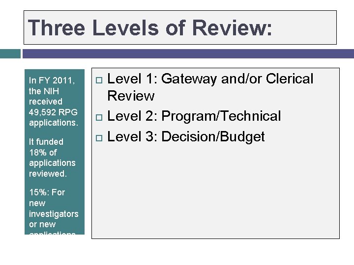 Three Levels of Review: In FY 2011, the NIH received 49, 592 RPG applications. Three Levels of Review: In FY 2011, the NIH received 49, 592 RPG applications.