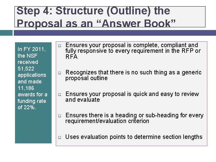 Step 4: Structure (Outline) the Proposal as an “Answer Book” In FY 2011, the