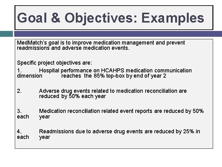 Goal & Objectives: Examples Med. Match’s goal is to improve medication management and prevent