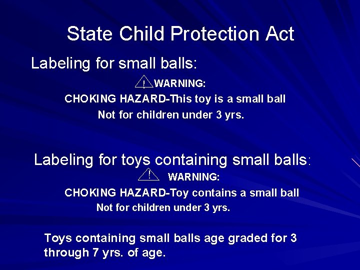 State Child Protection Act Labeling for small balls: ! WARNING: CHOKING HAZARD-This toy is