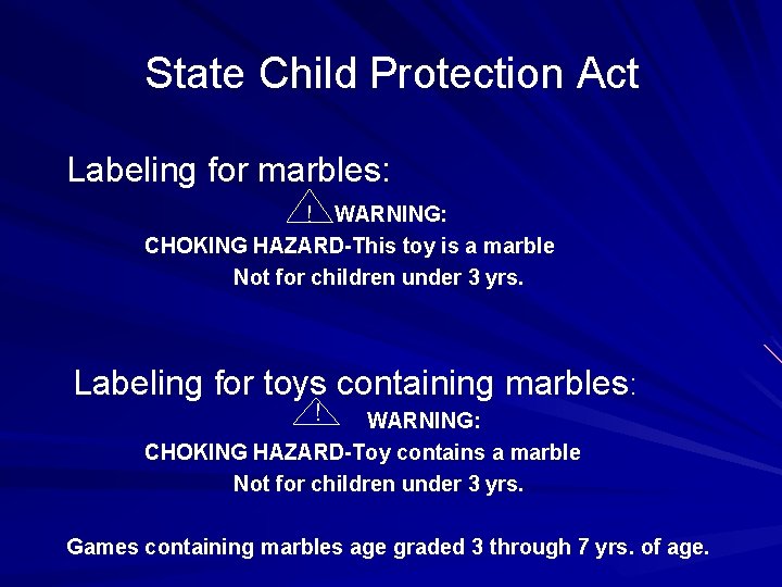 State Child Protection Act Labeling for marbles: ! WARNING: CHOKING HAZARD-This toy is a