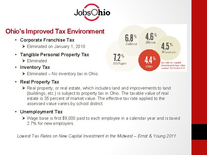 Ohio’s Improved Tax Environment • Corporate Franchise Tax Ø Eliminated on January 1, 2010