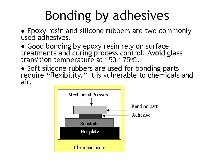 Bonding by adhesives ● Epoxy resin and silicone rubbers are two commonly used adhesives. Bonding by adhesives ● Epoxy resin and silicone rubbers are two commonly used adhesives.