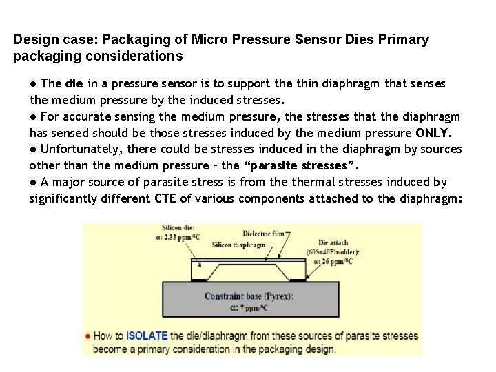 Design case: Packaging of Micro Pressure Sensor Dies Primary packaging considerations ● The die