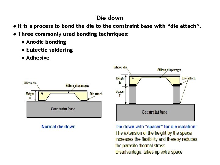 Die down ● It is a process to bond the die to the constraint Die down ● It is a process to bond the die to the constraint