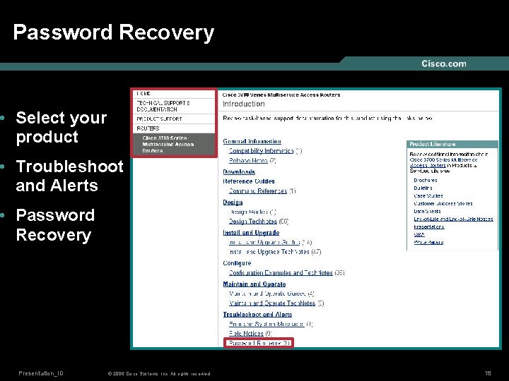 Password Recovery • Select your product • Troubleshoot and Alerts • Password Recovery Presentation_ID