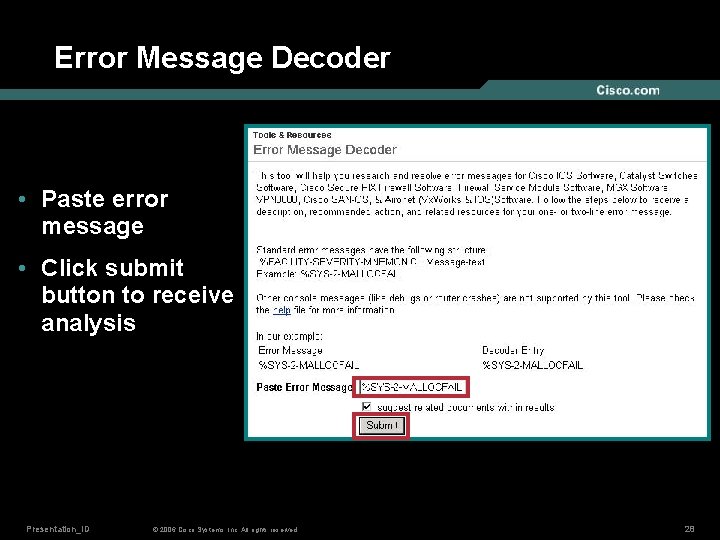 Error Message Decoder • Paste error message • Click submit button to receive analysis