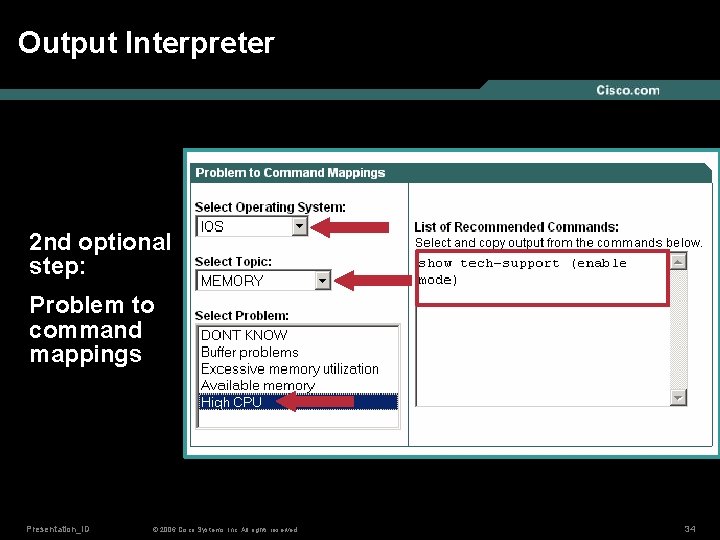 Output Interpreter 2 nd optional step: Problem to command mappings Presentation_ID © 2006 Cisco