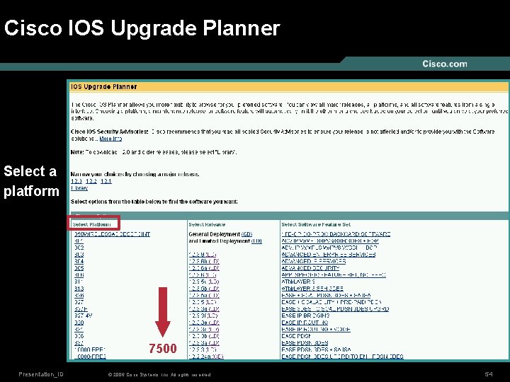 Cisco IOS Upgrade Planner Select a platform 7500 Presentation_ID © 2006 Cisco Systems, Inc.