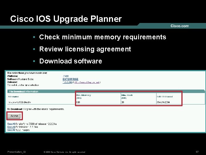 Cisco IOS Upgrade Planner • Check minimum memory requirements • Review licensing agreement •