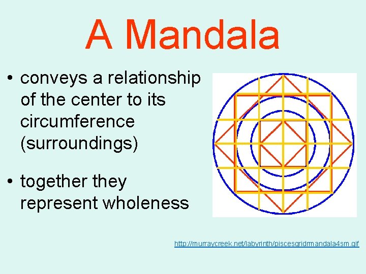 A Mandala • conveys a relationship of the center to its circumference (surroundings) •