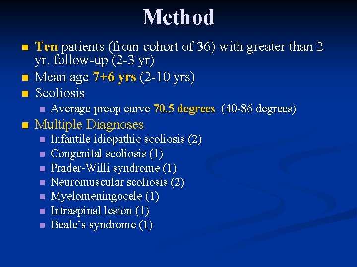 Method n n n Ten patients (from cohort of 36) with greater than 2