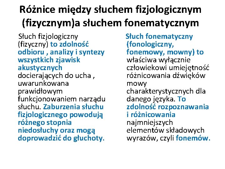 Różnice między słuchem fizjologicznym (fizycznym)a słuchem fonematycznym Słuch fizjologiczny (fizyczny) to zdolność odbioru ,