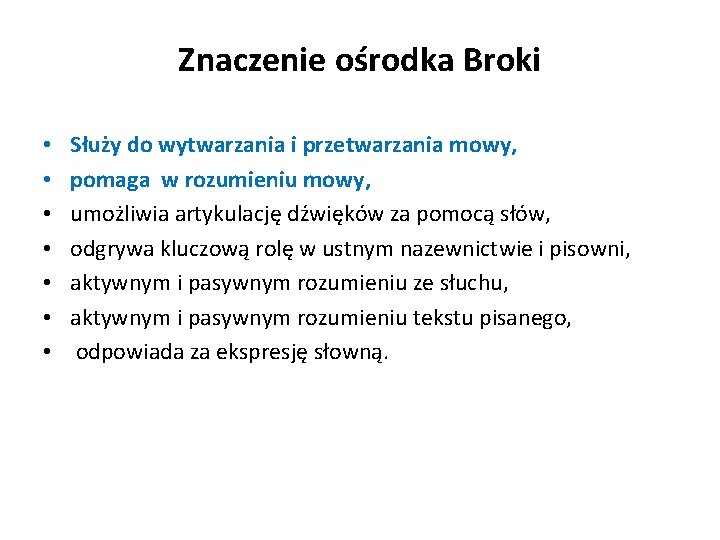 Znaczenie ośrodka Broki • • Służy do wytwarzania i przetwarzania mowy, pomaga w rozumieniu