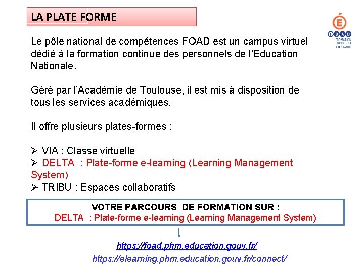 LA PLATE FORME Le pôle national de compétences FOAD est un campus virtuel dédié LA PLATE FORME Le pôle national de compétences FOAD est un campus virtuel dédié