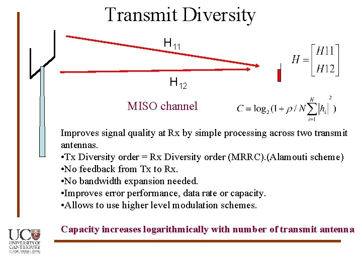 Transmit Diversity H 11 H 12 MISO channel Improves signal quality at Rx by