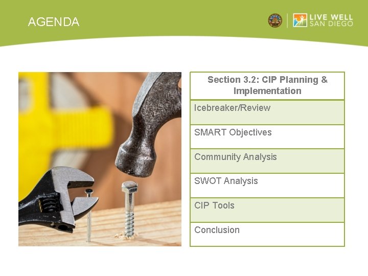 AGENDA Section 3. 2: CIP Planning & Implementation Icebreaker/Review SMART Objectives Community Analysis SWOT