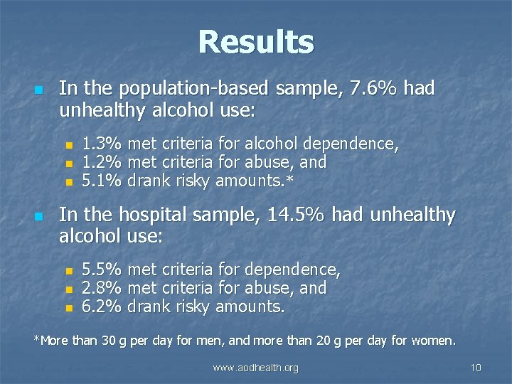 Results n In the population-based sample, 7. 6% had unhealthy alcohol use: n n