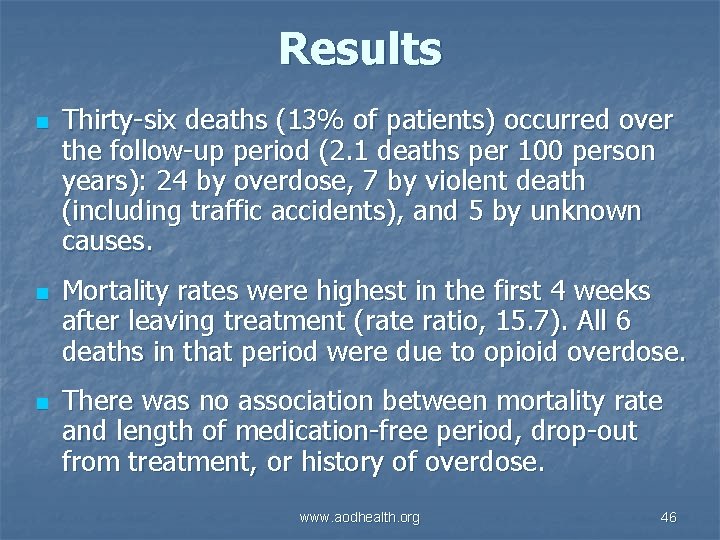 Results n n n Thirty-six deaths (13% of patients) occurred over the follow-up period