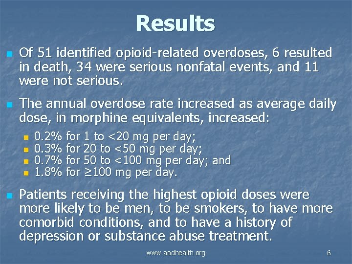 Results n n Of 51 identified opioid-related overdoses, 6 resulted in death, 34 were