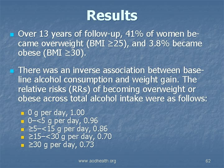 Results n n Over 13 years of follow-up, 41% of women became overweight (BMI