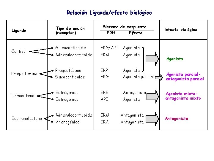 Relación Ligando/efecto biológico Ligando Cortisol Progesterona Tamoxifeno Espironolactona Tipo de acción (receptor) Sistema de