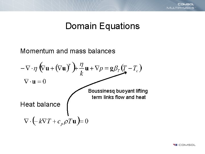 Domain Equations Momentum and mass balances Boussinesq buoyant lifting term links flow and heat