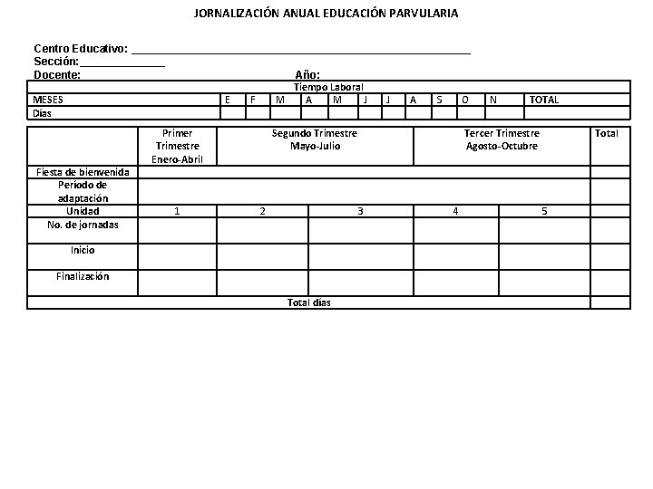 JORNALIZACIÓN ANUAL EDUCACIÓN PARVULARIA Centro Educativo: ____________________________ Sección: _______ Docente: ________________ Año: ____________ Tiempo JORNALIZACIÓN ANUAL EDUCACIÓN PARVULARIA Centro Educativo: ____________________________ Sección: _______ Docente: ________________ Año: ____________ Tiempo