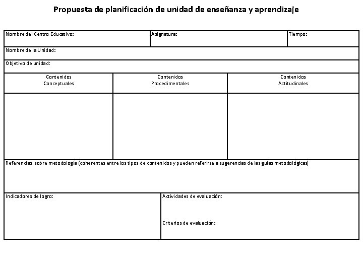 Propuesta de planificación de unidad de enseñanza y aprendizaje Nombre del Centro Educativo: Asignatura: Propuesta de planificación de unidad de enseñanza y aprendizaje Nombre del Centro Educativo: Asignatura: