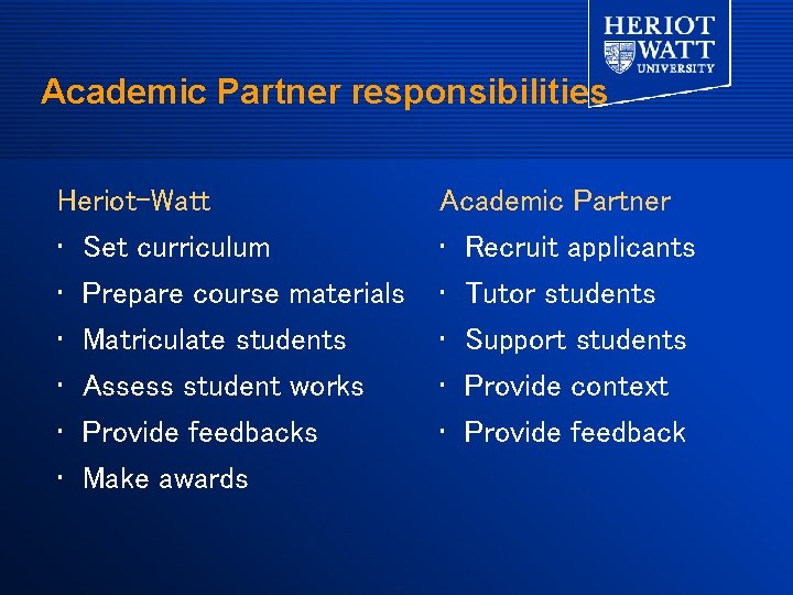 Academic Partner responsibilities Heriot-Watt Academic Partner • • • Set curriculum Prepare course materials Academic Partner responsibilities Heriot-Watt Academic Partner • • • Set curriculum Prepare course materials