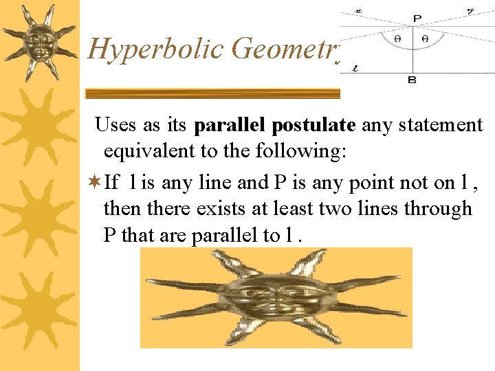 Hyperbolic Geometry Uses as its parallel postulate any statement equivalent to the following: ¬If