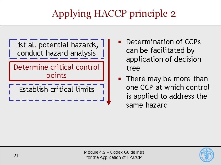 Applying HACCP principle 2 List all potential hazards, conduct hazard analysis Determine critical control