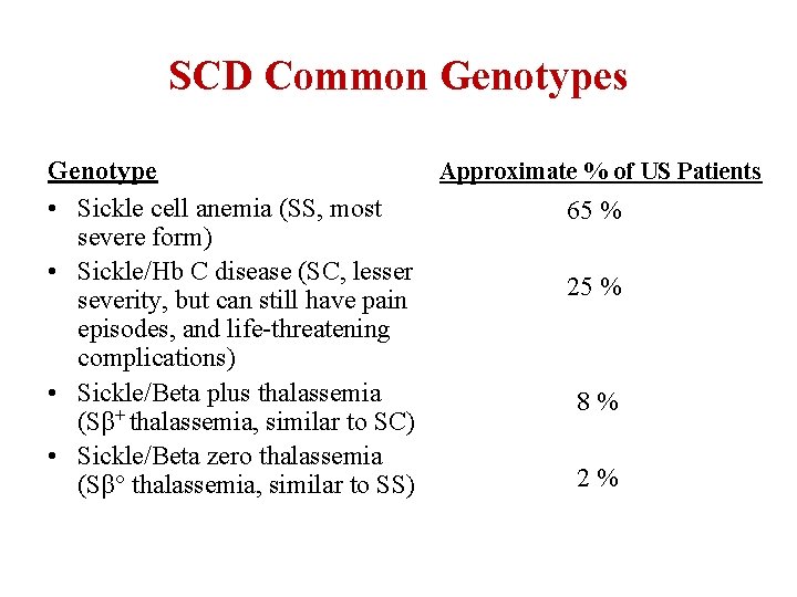 SCD Common Genotypes Genotype Approximate % of US Patients • Sickle cell anemia (SS,