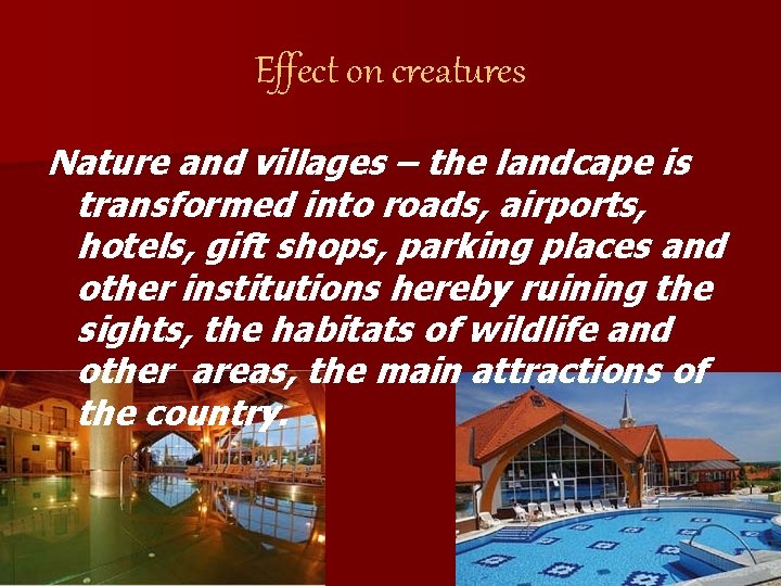 Effect on creatures Nature and villages – the landcape is transformed into roads, airports,