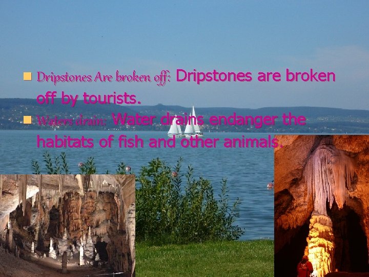 n Dripstones Are broken off: Dripstones are broken off by tourists. n Waters drain: