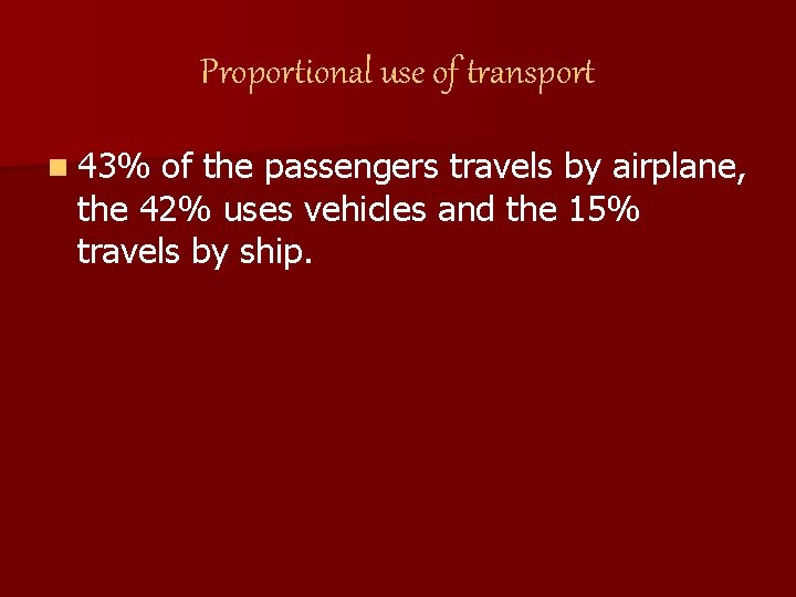 Proportional use of transport n 43% of the passengers travels by airplane, the 42%