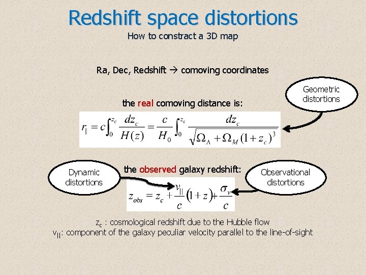 Redshift space distortions How to constract a 3 D map Ra, Dec, Redshift comoving