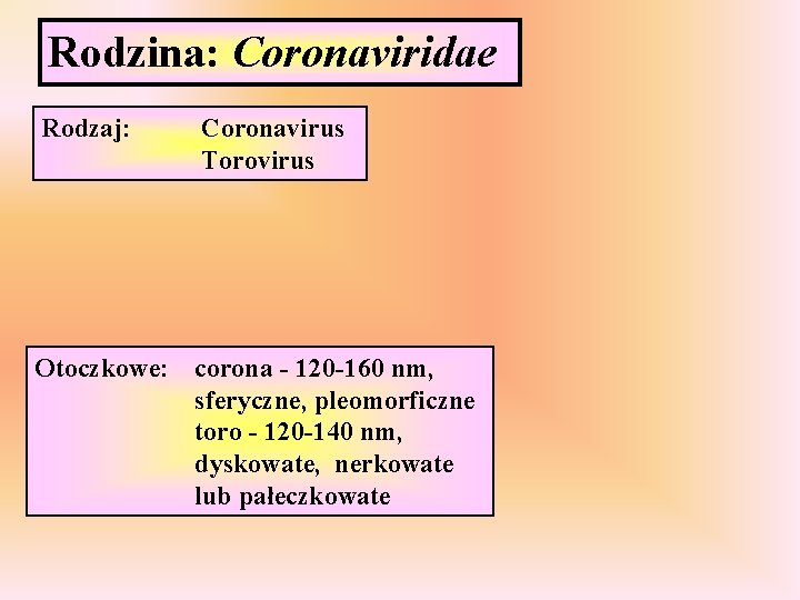 Rodzina: Coronaviridae Rodzaj: Coronavirus Torovirus Otoczkowe: corona - 120 -160 nm, sferyczne, pleomorficzne toro