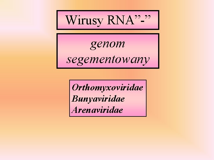 Wirusy RNA”-” genom segementowany Orthomyxoviridae Bunyaviridae Arenaviridae 