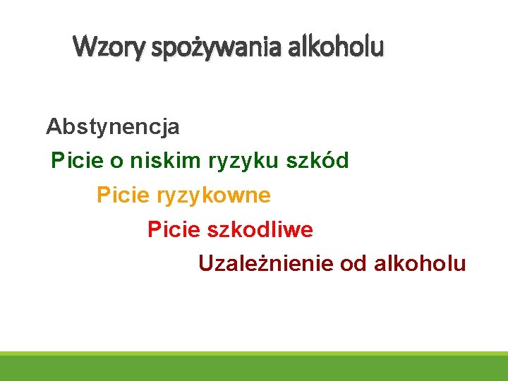 Wzory spożywania alkoholu Abstynencja Picie o niskim ryzyku szkód Picie ryzykowne Picie szkodliwe Uzależnienie Wzory spożywania alkoholu Abstynencja Picie o niskim ryzyku szkód Picie ryzykowne Picie szkodliwe Uzależnienie