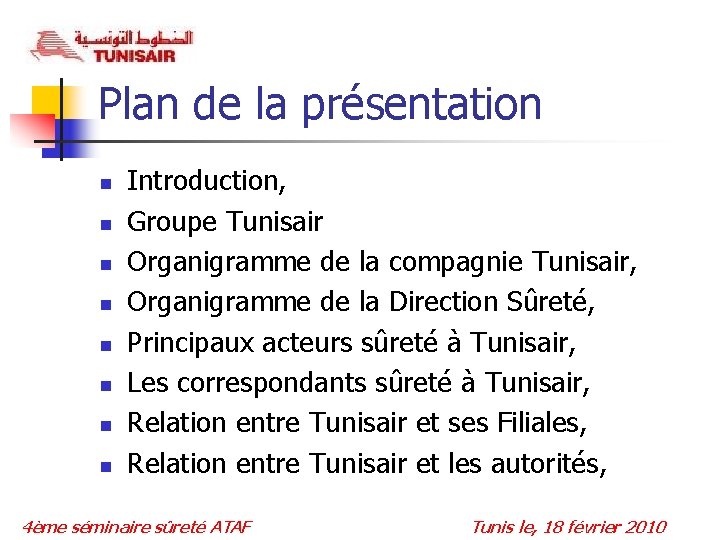 Plan de la présentation n n n n Introduction, Groupe Tunisair Organigramme de la